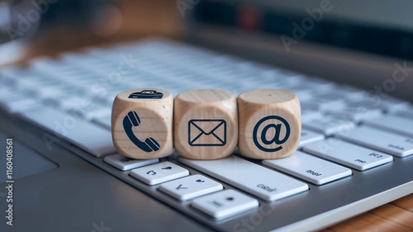 Obraz Wooden blocks featuring phone, email, and at-symbol icons placed on a computer keyboard, symbolizing modern communication methods in business and technology