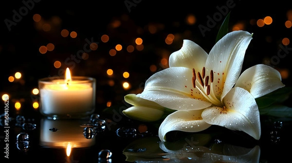 Fototapeta White Lily and Candle Create a Serene Ambiance Beautifully with Reflection