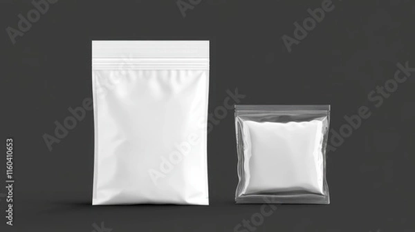 Fototapeta Two white packaging bags of different sizes on a dark background, showcasing a minimalist design for products.