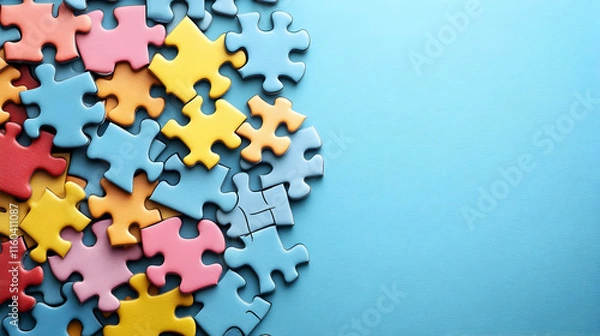 Fototapeta Colorful Puzzle Pieces Scattered on a Blue Background with Copy Space for Text or Design