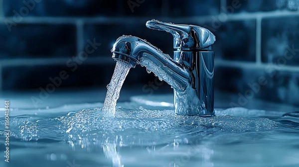 Fototapeta Chrome Faucet Pours Water into Overflowing Sink with Bubbles and Reflections, Dramatic Lighting