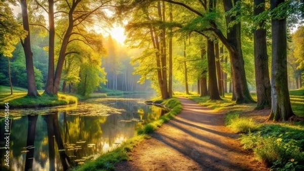 Obraz Serene Pathway Winding Through a Sun-Drenched Forest Beside a Calm River Reflecting the Golden Hour Light