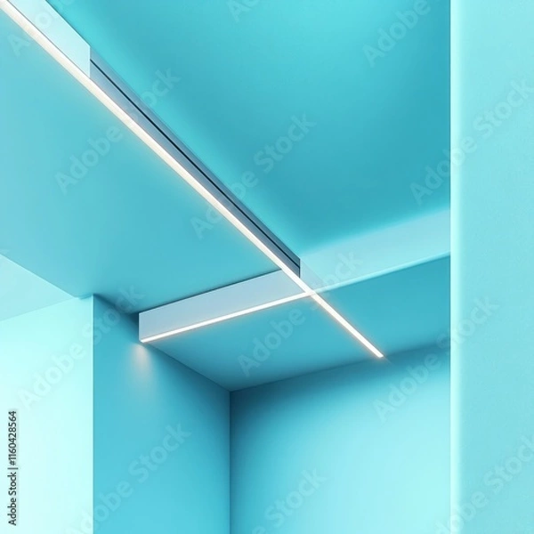 Fototapeta Modern LED linear lighting system installed on a blue ceiling.