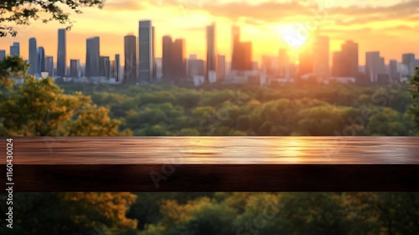 Fototapeta Background Image - Empty Wooden Table Top, Cityscape Sunset View