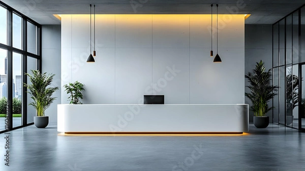 Fototapeta 3D Illustration Modern Office Reception Interior Design, Lobby, Plants, Lighting