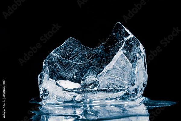 Obraz Melting piece of ice on a black background with reflection.