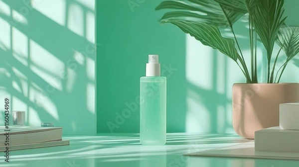 Obraz A Green Toner Bottle With Plant And Shadows