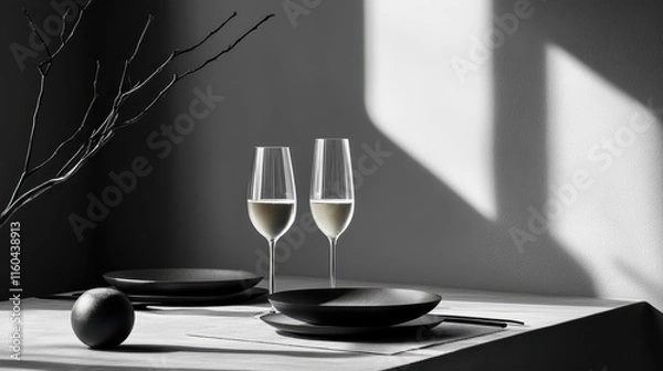 Obraz Minimalist Modern Dinner Table Setup in Monochrome
