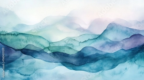 Fototapeta Abstract Watercolor Painting of Serene Blue Mountains