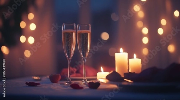 Obraz Romantic Dinner Setting with Champagne for Two