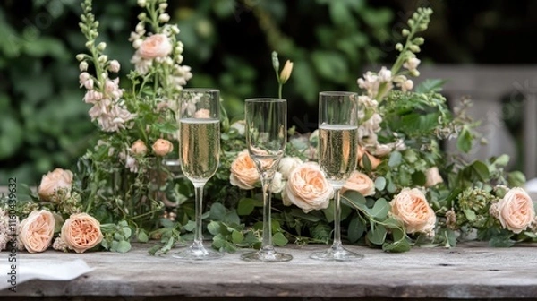 Obraz Rustic Dinner Table with Champagne Glasses and Flowers