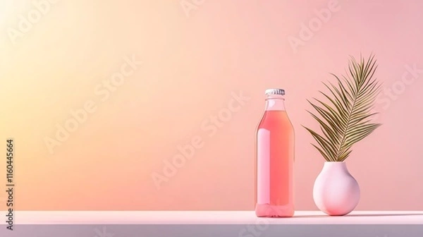 Fototapeta Softly Lit 3D Render: Pink Beverage Bottle Mockup on Pastel Background. AI Generated