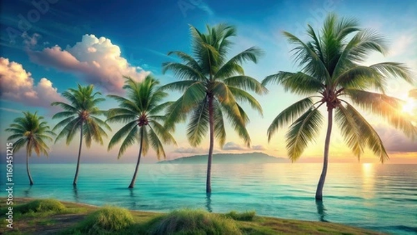 Fototapeta Serene tropical beach scene at sunrise with lush palm trees gently swaying in the calm ocean waters, a picturesque idyllic setting
