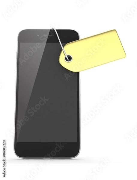 Fototapeta Smart phone with golden price tag on white background. Identification, price, label. Luxury and expensive offer. 3D rendering.