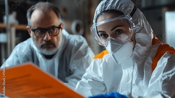 Fototapeta Forensic scientists reviewing evidence.
