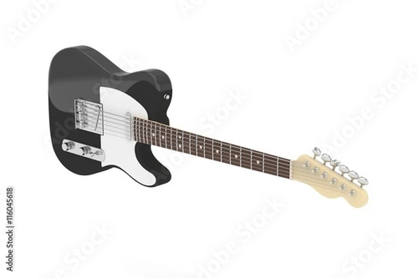 Fototapeta Isolated black electric guitar on white background. Concert and studio equipment. Musical instrument. Rock, blues style. 3D rendering.