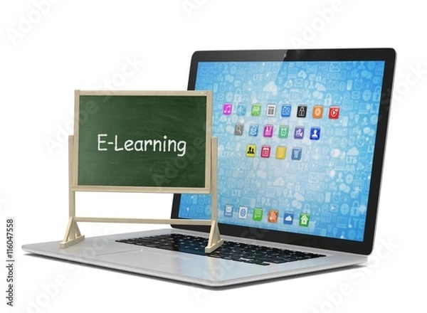 Fototapeta  Laptop with chalkboard, e-learning, online education concept. 3d rendering.