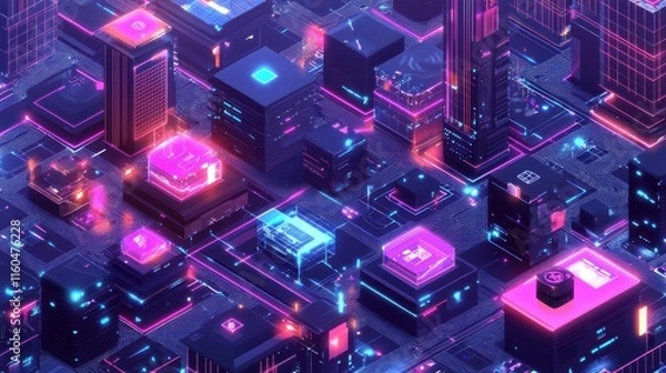 Obraz Futuristic Cityscape Neon Lights Digital Architecture