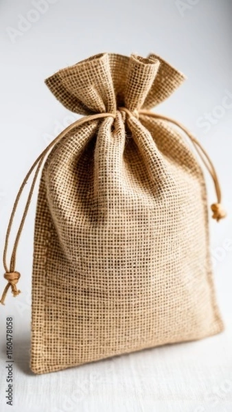 Fototapeta Rustic handmade burlap pouch mockup with brown drawstring on a soft beige background.