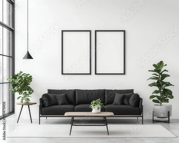 Fototapeta Modern minimalist coworking space with black furniture, white walls, and soft lighting, Coworking Space, Black and White Minimalism