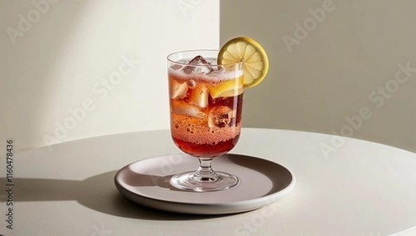 Fototapeta Chilled glass of lemonade with ice cubes and a lemon slice, refreshing and bright, condensation on the glass, clear background, simple presentation —