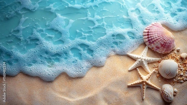 Fototapeta Coastal summer background with vibrant beach accessories including hats, seashells, and starfish