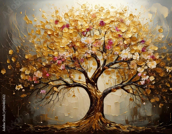 Obraz autumn tree in autumn, Golden tree in the forest oil paint, gold tree with spring flowers with blue background wall art