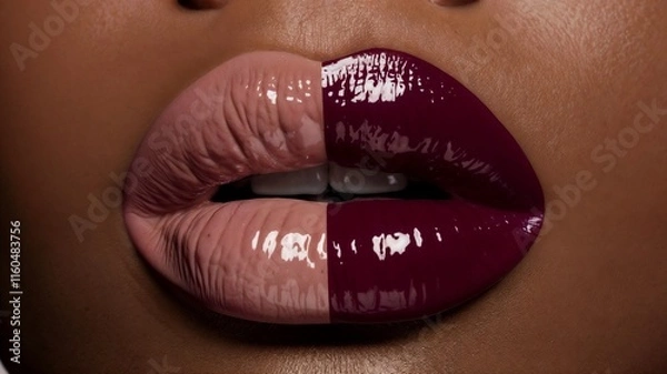 Fototapeta Close-up shot of glossy lips with a high-shine finish in contrasting colors
