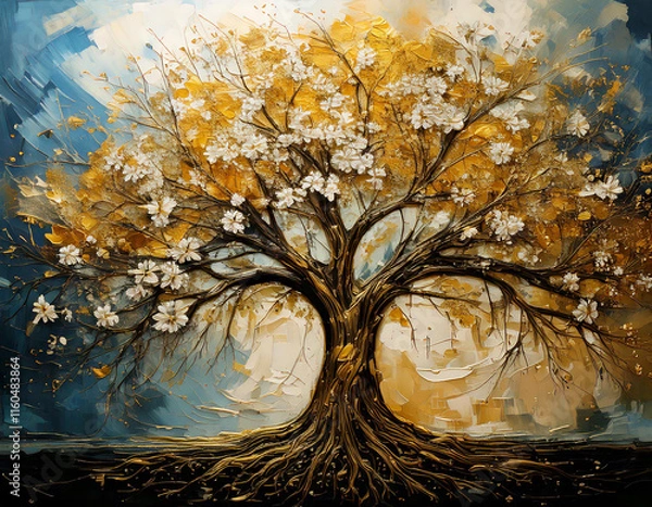 Obraz Golden tree in the forest oil paint, gold tree with spring flowers with blue background wall art