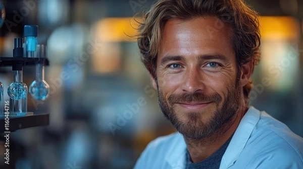 Fototapeta Portrait of a biotech industry engineer man smiling, with molecular graphics and lab equipment around him