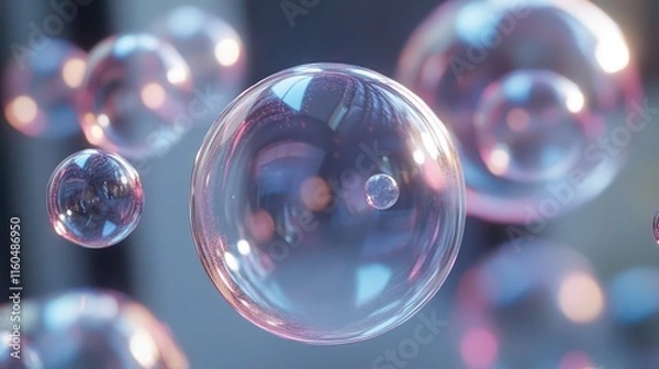 Fototapeta Floating iridescent soap bubbles on a blurry background.
