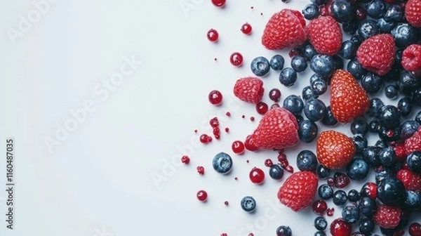 Fototapeta A detailed macro shot of fresh mixed berries, including raspberries, strawberries, and blueberries, spread across a pure white background.