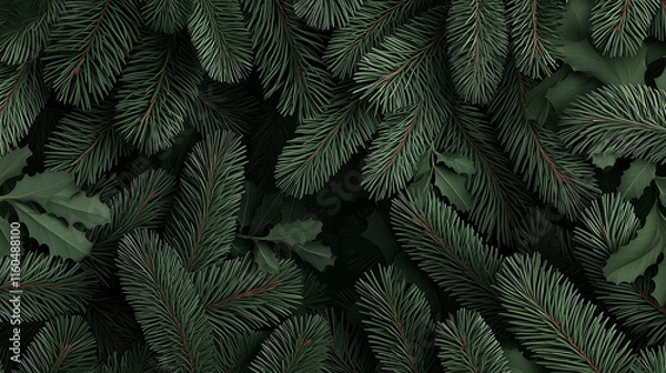 Fototapeta An intricate banner design featuring fluffy fir tree branches in deep green, each needle rendered in exquisite detail, with subtle light reflections adding dimension and holiday ch