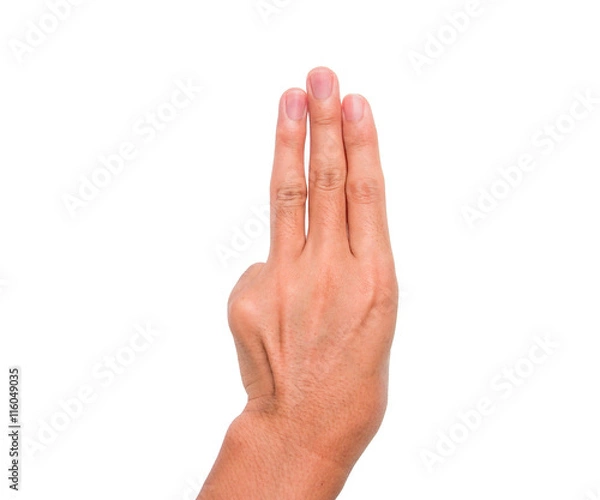 Obraz A hand sign of 3 fingers point upward meaning three, third, etc. with white backgroud