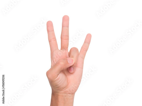 Obraz A hand sign of 3 fingers point upward meaning three, third, etc. with white backgroud