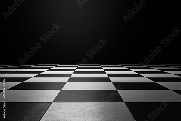 Fototapeta  Elegant black and white chessboard background with reflective stone tiles, offering depth and sophistication. Dark empty space ideal for text, product displays, photography, or digital artwork