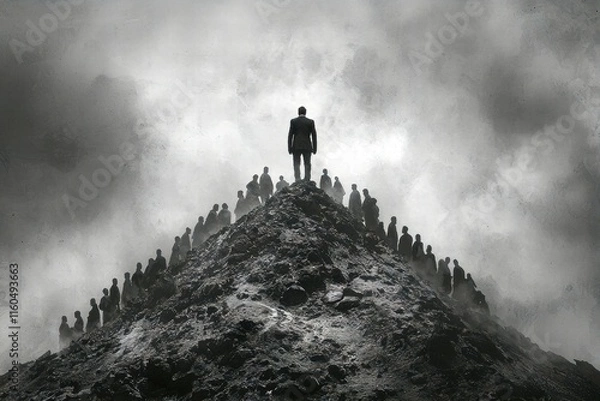 Fototapeta A solitary figure stands atop a dark mountain overlooking an army of shadows.