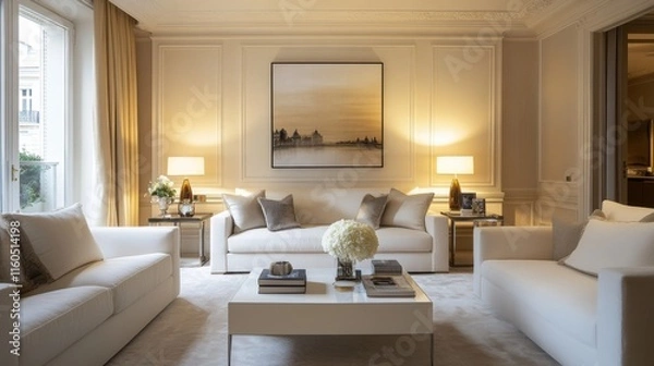 Fototapeta A bright living room with a combination of contemporary and classic decor, soft lighting, and neutral tones