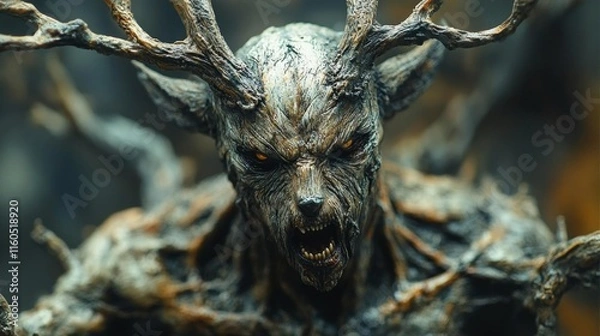 Obraz Fierce Deer-Like Creature with Tree Antlers. Generative AI