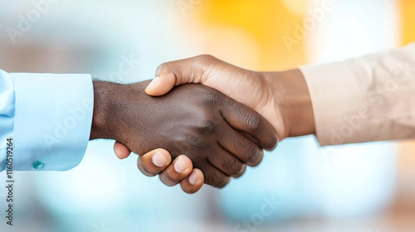Fototapeta close up of two hands shaking in professional setting, symbolizing agreement and collaboration