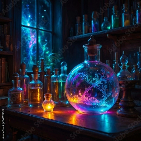 Fototapeta Mystical alchemist's workshop with glowing vials, swirling vapors, and ancient tomes