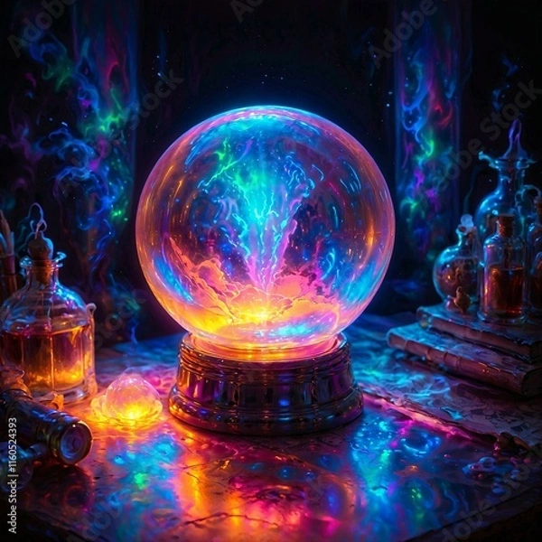 Fototapeta Mystical alchemist's workshop with glowing vials, swirling vapors, and ancient tomes