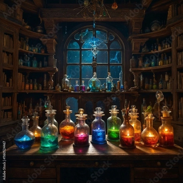 Fototapeta Mystical alchemist's workshop with glowing vials, swirling vapors, and ancient tomes
