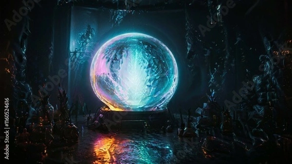 Fototapeta Mystical alchemist's workshop with glowing vials, swirling vapors, and ancient tomes