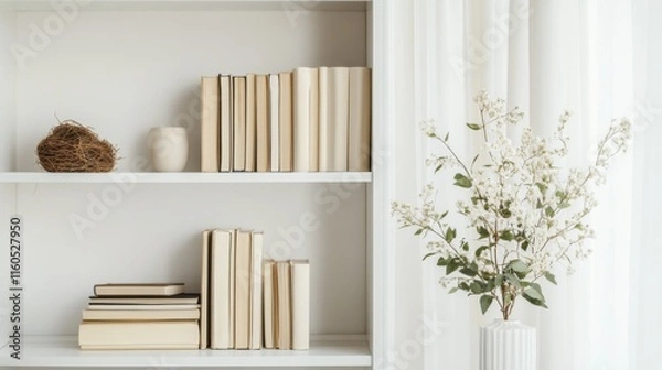 Fototapeta A minimalist bookshelf with neatly arranged books and a few natural decor pieces