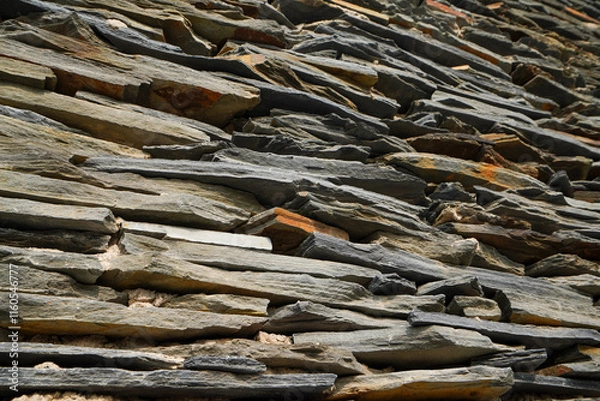 Obraz Close up of the wall of Paiwan People's Slate House in Taiwan Scenic Area of China Ethnic Museum