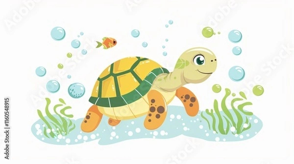 Obraz Adorable Cartoon Style Illustration of Cute Little Turtle, Fish, and Bubbles