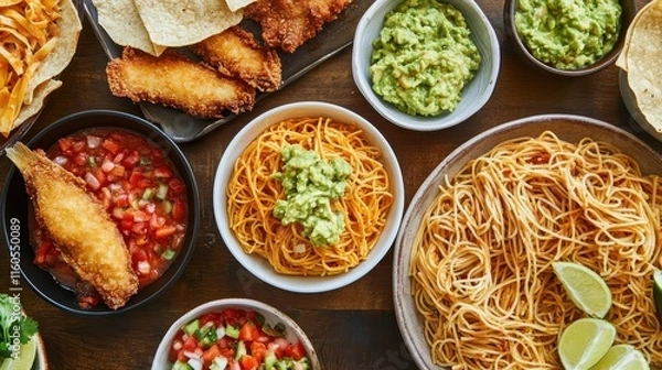 Obraz Casual Table Setup with Spaghetti and Fried Meal