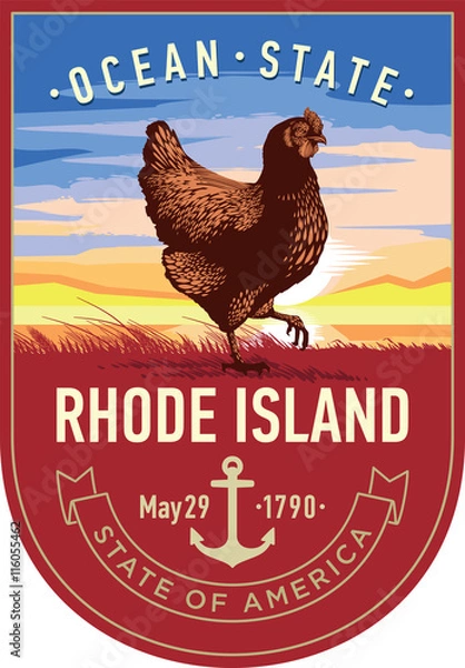 Obraz Род-Айленд стилизованная эмблема штата Америки, курица на восходе на красном фоне