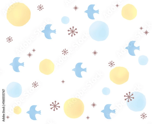 Obraz 北欧風の鳥とドットの水彩イラスト　シームレスパターン